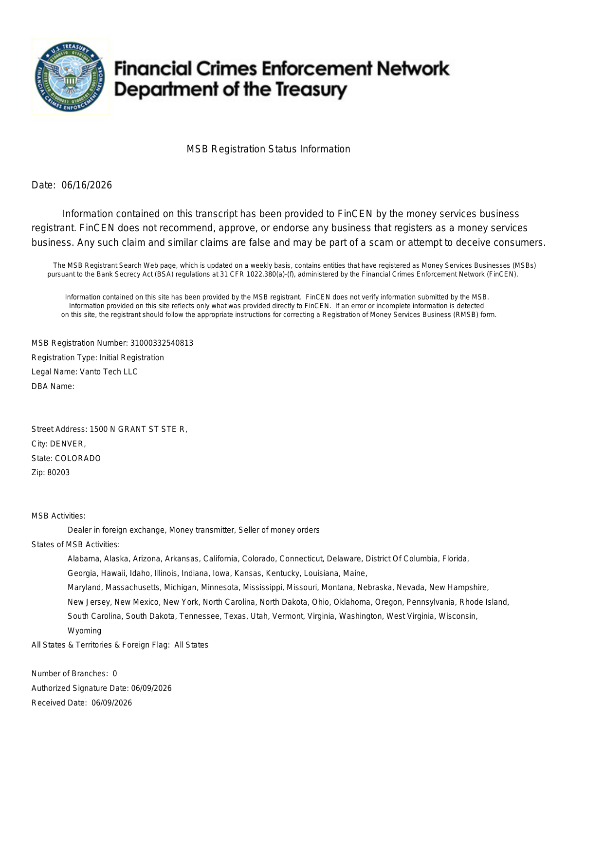 Vanto Tech LLC MSB Registration Certificate